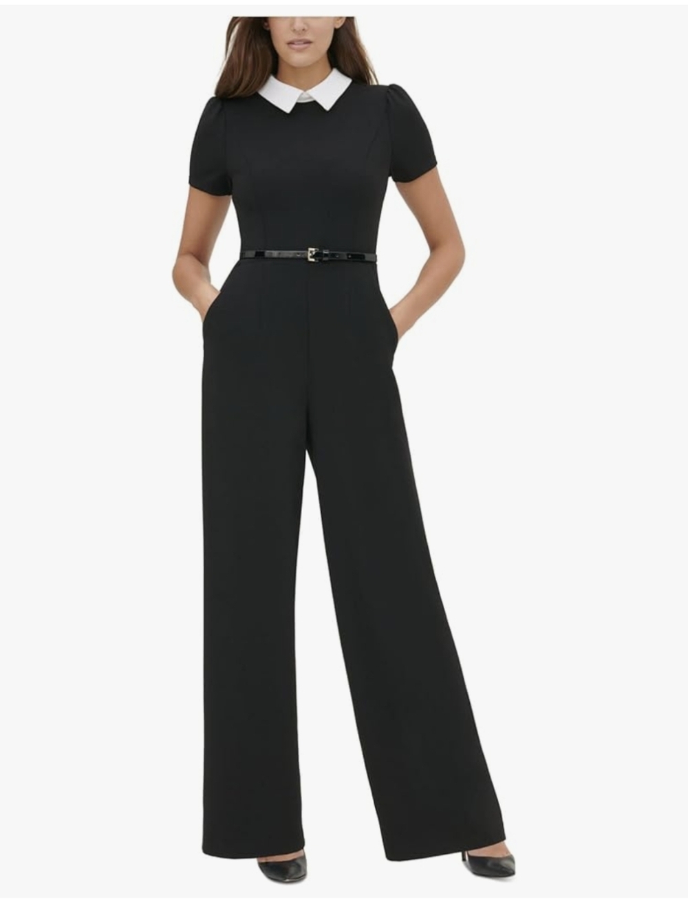 TOMMY HILFIGER Womens Black Belted Short Sleeve Evening Wide Leg Jumpsuit